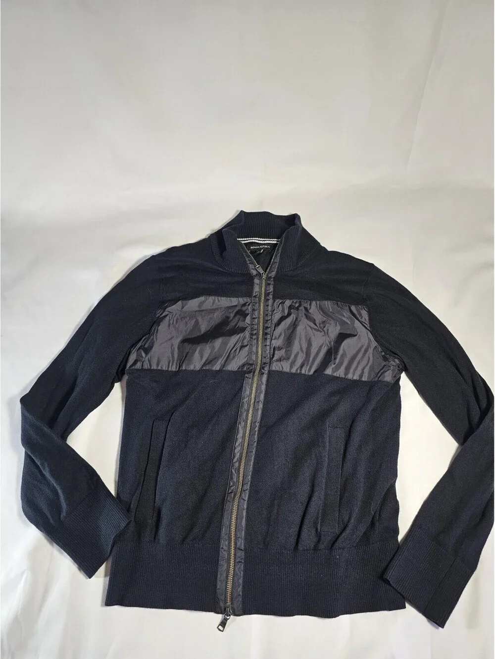 Banana Republic Men's Black Cotton Rib-Knit Full Zip Mock Neck Sweater L